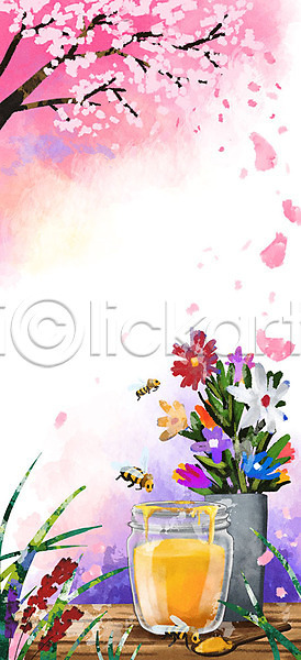 따뜻함 사람없음 PSD 일러스트 꽃 꿀 나무 백그라운드 벌(곤충) 벚꽃 봄 봄배경 분홍색 책상 화분