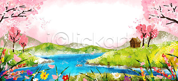 따뜻함 사람없음 PSD 일러스트 강 꽃 나무 나무집 물 백그라운드 벚꽃 봄 봄배경 분홍색 산 초원(자연) 풀(식물) 풍경(경치)