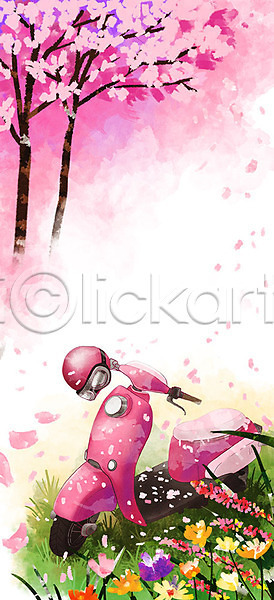 따뜻함 사람없음 PSD 일러스트 꽃 나무 백그라운드 벚꽃 봄 봄배경 분홍색 오토바이 풀(식물) 헬멧