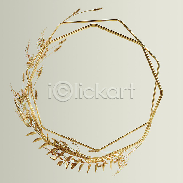 사람없음 3D PSD 편집이미지 금박 금색 금속 꽃 나뭇잎 백그라운드 벼 식물 잎 팔각형 프레임 황금