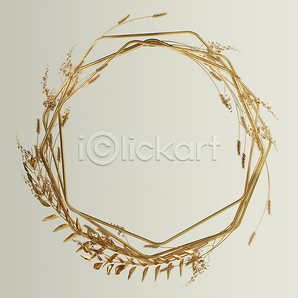 사람없음 3D PSD 편집이미지 겹침 금박 금색 금속 꽃 나뭇잎 백그라운드 벼 식물 잎 팔각형 프레임 황금