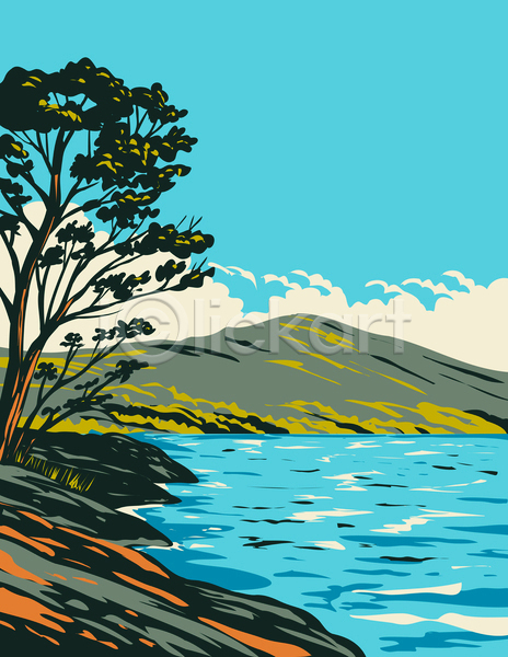 사람없음 JPG 포토 해외이미지 국립공원 그림 나무 산 스코틀랜드 영국 자연 카툰스타일 풍경(경치) 하늘 호수