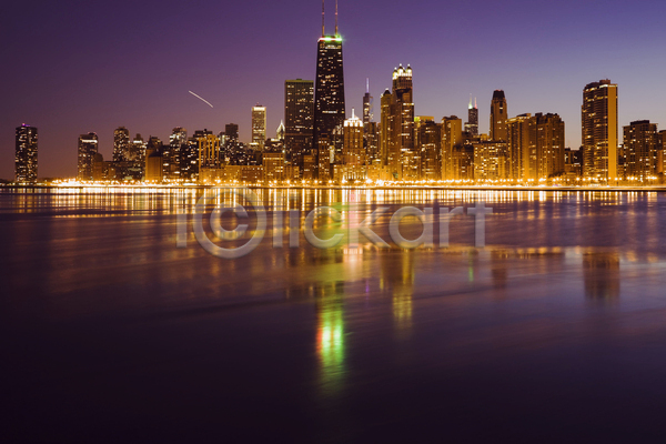 사람없음 JPG 포토 해외이미지 고층빌딩 도시 도시풍경 반사 밤하늘 스카이라인 시카고 야간 야경 야외 해외풍경 호수