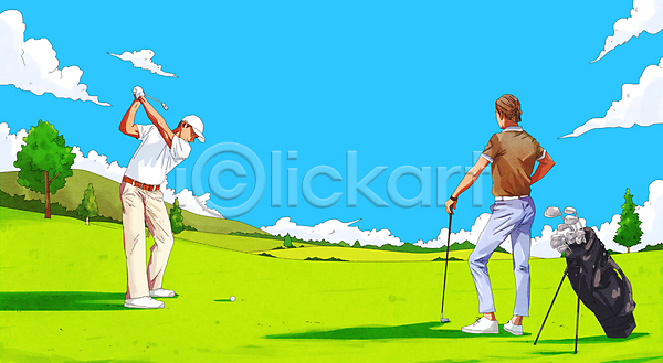 남자 두명 성인 성인남자만 PSD 일러스트 골프 골프가방 골프공 골프웨어 골프장 골프채 골프클럽 구름(자연) 나무 서기 스윙 잡기 전신 캡모자 필드 하늘