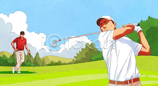 남자 두명 성인 성인남자만 PSD 일러스트 골프 골프웨어 골프장 골프채 골프클럽 구름(자연) 다리꼬기 상반신 서기 스윙 전신 캡모자 풀(식물) 필드 하늘 허리손
