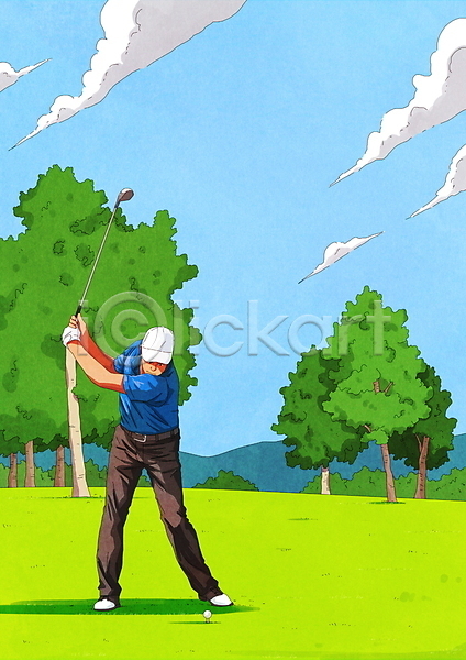남자 성인 성인남자한명만 한명 PSD 일러스트 골프 골프공 골프웨어 골프장 골프채 골프클럽 구름(자연) 나무 스윙 전신 캡모자 필드 하늘
