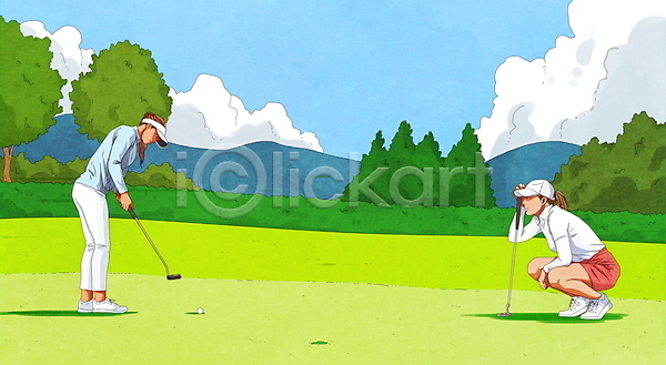 두명 성인 성인여자만 여자 PSD 일러스트 골프 골프공 골프웨어 골프장 골프채 골프클럽 구름(자연) 구멍 나무 썬캡 웅크림 응시 전신 캡모자 퍼팅 필드 하늘
