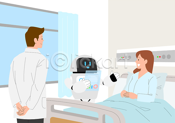 남자 두명 성인 성인만 여자 AI(파일형식) 일러스트 들기 병원 병원침대 상반신 손짓 스크린 안내 응시 의료로봇 의사 입원 진료 진료판 창문 환자 휴머노이드