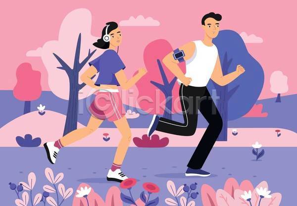 남자 두명 성인 성인만 여자 EPS 일러스트 해외이미지 구름(자연) 남색 달리기 라이프스타일 분홍색 운동 운동복 전신 커플 헤드셋