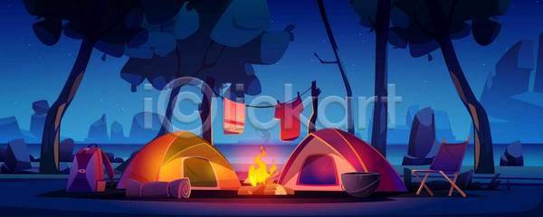 사람없음 EPS 일러스트 해외이미지 간이의자 나무 모닥불 바위 배낭 수건 숲 야간 야경 옷 캠핑 텐트 파란색