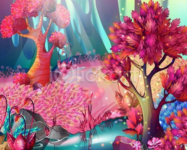 사람없음 EPS 일러스트 해외이미지 강 게임 그래픽 나무 분홍색 소재 숲 환상