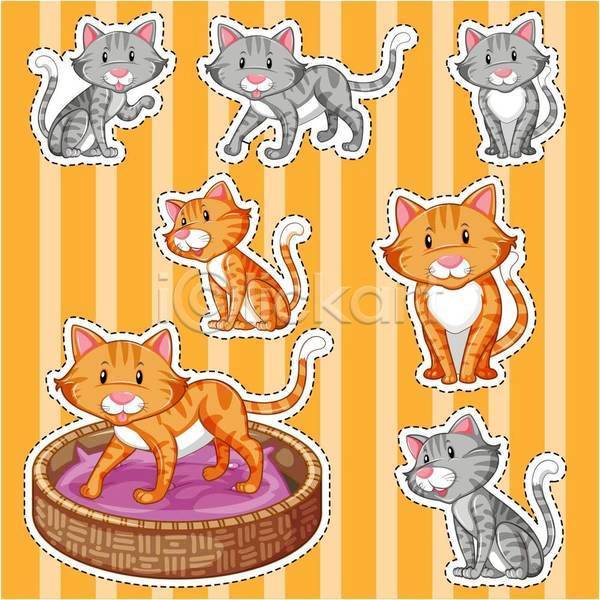 사람없음 EPS 일러스트 해외이미지 고양이 고양이침대 동물 세트 스티커 여러마리 주황색 줄무늬 쿠션 회색