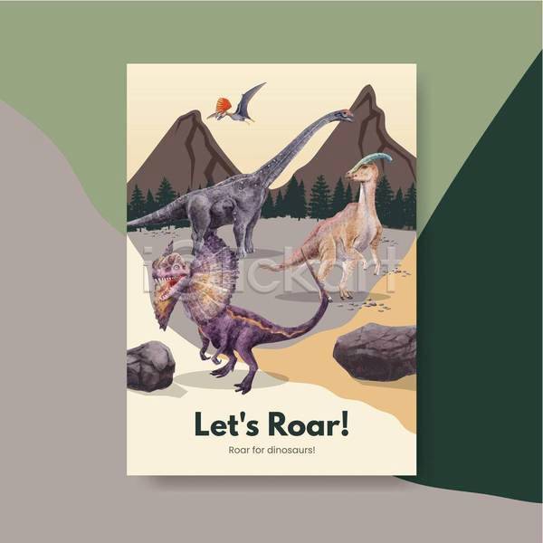 사람없음 EPS 일러스트 해외이미지 공룡 바위(돌) 백악기 산 여러마리 익룡 포스터