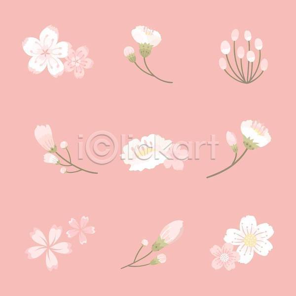 사람없음 EPS 일러스트 해외이미지 꽃봉오리 꽃잎 벚꽃 분홍색 세트 스타일 잎