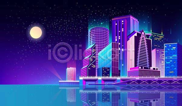 사람없음 EPS 일러스트 해외이미지 달 도시 도시풍경 바다 반사 보라색 빌딩 빛 야간 야경 파란색
