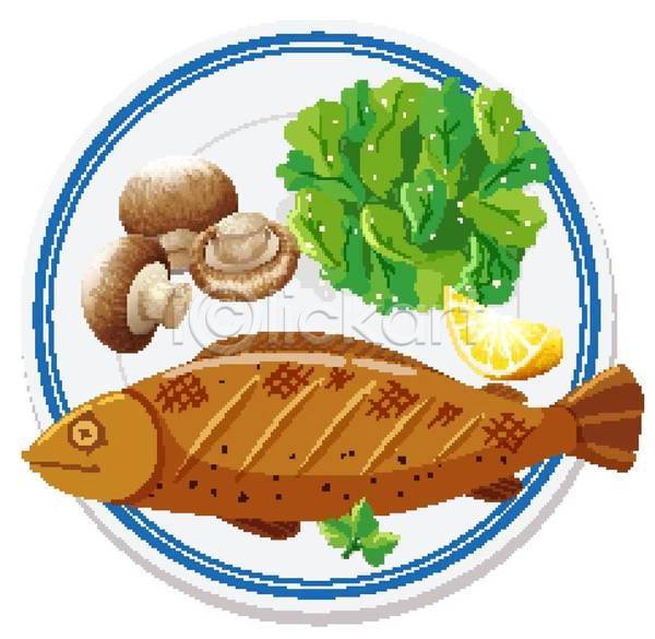 사람없음 EPS 일러스트 해외이미지 레몬 샐러드 생선구이 양송이 접시 채소