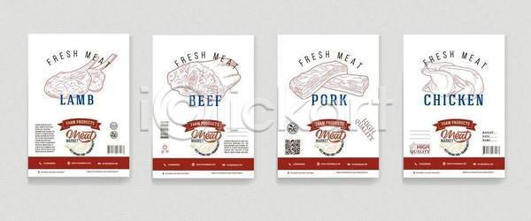 사람없음 EPS 일러스트 해외이미지 닭고기 돼지고기 라인아트 리본 세트 소고기 양고기 정육점 포스터 흰색