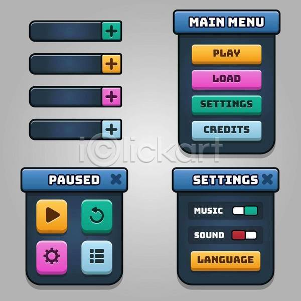 사람없음 EPS 일러스트 해외이미지 UI 게임 메뉴 옵션 인터페이스 톱니바퀴 플레이 화살표 환경설정