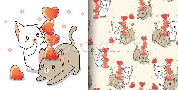 귀여움 러블리 사람없음 EPS 일러스트 해외이미지 고양이 동물캐릭터 쌓기 엎드리기 여러마리 패턴 패턴백그라운드 하트