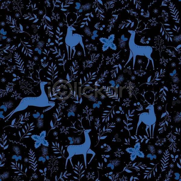 사람없음 JPG 일러스트 해외이미지 검은색 루돌프 순록 여러마리 잎 크리스마스 파란색 패턴 패턴백그라운드 호랑가시나무열매