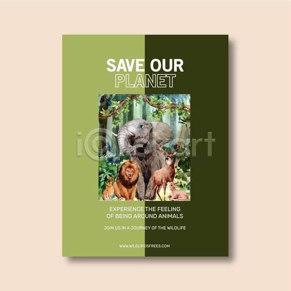 사람없음 EPS 일러스트 해외이미지 덩굴 사슴 사자 숲속 야생동물 여러마리 연두색 코끼리 토끼 포스터