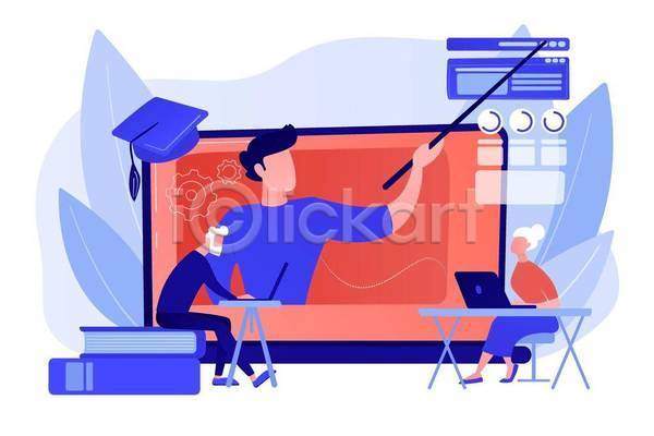 남자 노년 성인 세명 여자 EPS 일러스트 해외이미지 가리킴 강의 교육 들기 상반신 설명 앉기 온라인 전신 지시봉 코랄 파란색