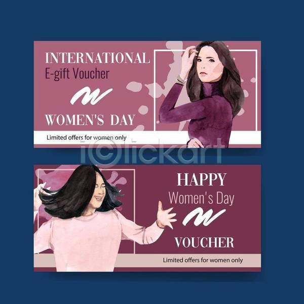 두명 성인 성인여자만 여자 EPS 일러스트 해외이미지 분홍색 상반신 상품권 세계여성의날 손들기 영어 자주색 타이포그라피 티켓