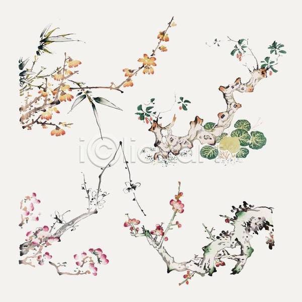 빈티지 사람없음 EPS 일러스트 해외이미지 그림 꽃 꽃가지 나뭇가지 나뭇잎 동양화 붓터치 세트 엘리먼트 잎
