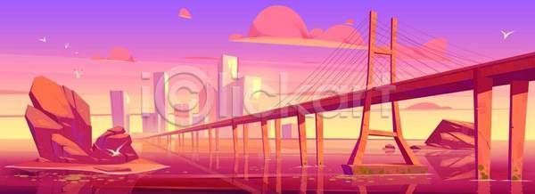 사람없음 EPS 일러스트 해외이미지 강 구름(자연) 다리(건축물) 도시 도시풍경 바위 야간 야경 여러마리 조류 주황색