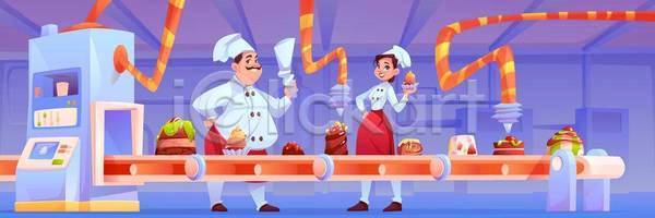 남자 성인 성인만 여자 EPS 일러스트 해외이미지 공장 기계 들기 서기 앞치마 요리 요리사 요리사모자 자동화 전신 제조 조리복 컨베이어 케이크