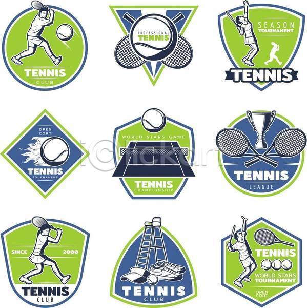 남자 성인 성인만 여러명 여자 EPS 일러스트 해외이미지 들기 라벨 세트 손뻗기 썬캡 역삼각형 원형 육각형 전신 테니스 테니스공 테니스라켓 테니스복 테니스선수 테니스장 테니스화