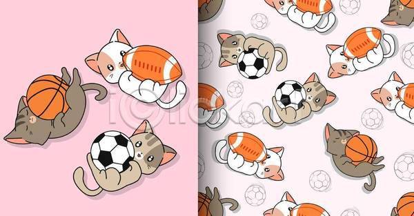 귀여움 러블리 사람없음 EPS 일러스트 해외이미지 고양이 농구공 눕기 동물캐릭터 럭비공 분홍색 여러마리 축구공 패턴 패턴백그라운드