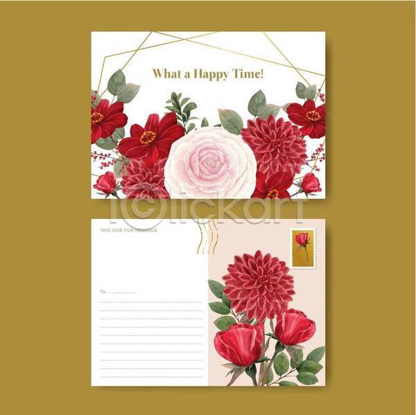 사람없음 EPS 일러스트 해외이미지 꽃 리플렛 빨간색 선 세트 수채화(물감) 엽서 잎 카드(감사)
