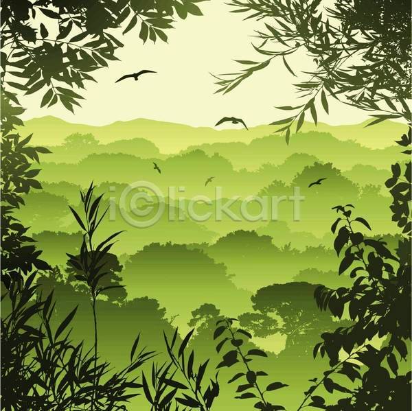 사람없음 EPS 일러스트 해외이미지 나무 나뭇가지 숲 여러마리 잎 조류 초록색 풍경(경치)