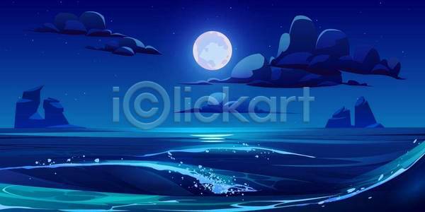 사람없음 EPS 일러스트 해외이미지 구름(자연) 달 달빛 바다 반사 백그라운드 수평선 야간 어둠 와이드컷 파도 파란색 풍경(경치) 하늘