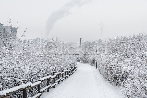 추위 사람없음 JPG 포토 가로등 겨울 겨울풍경 공원 나무 눈(날씨) 눈덮임 산책로 설경 야외 울타리 주간 하늘