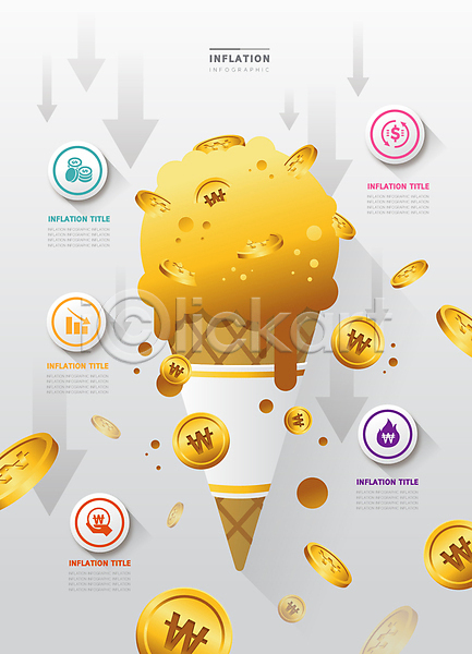 하락 사람없음 AI(파일형식) 일러스트 그래픽 노란색 녹음(녹이기) 달러 동전 들기 불꽃모양 손모양 인포그래픽 인플레이션 콘아이스크림 하락세 화살표 흩어짐