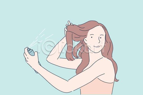 성인 성인여자한명만 여자 한명 EPS 일러스트 해외이미지 관리 들기 머리카락 뷰티 뿌리기 상반신 스프레이