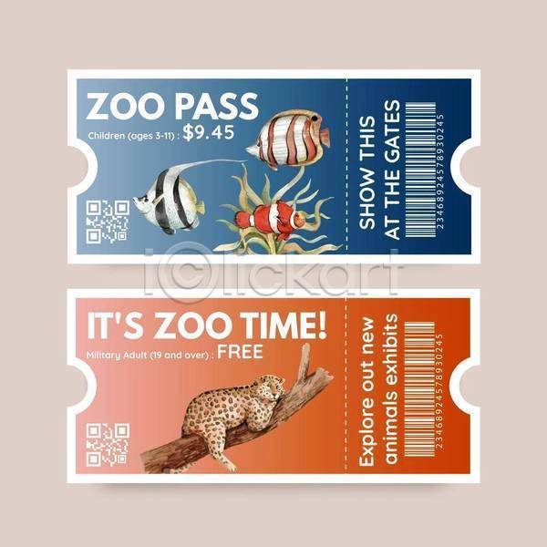 사람없음 EPS 일러스트 해외이미지 QR코드 나뭇가지 동물원 바코드 상품권 엎드리기 여러마리 열대어 영어 주황색 타이포그라피 티켓 파란색 표범 흰동가리