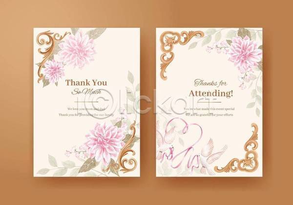 사람없음 EPS 일러스트 카드템플릿 해외이미지 고딕 고딕양식 꽃 두마리 리본 베이지색 수채화(물감) 잎 조류 카드(감사)
