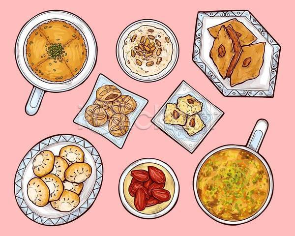 사람없음 EPS 일러스트 해외이미지 디저트 메뉴 세트 엘리먼트 외국문화 접시 중동음식