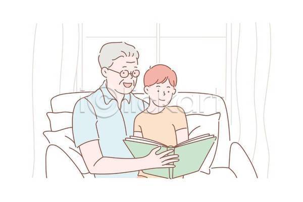 행복 남자 남자만 노년 두명 소년 어린이 EPS 일러스트 해외이미지 교육 독서 들기 상반신 소파 손자 앉기 책 책읽어주기 할아버지