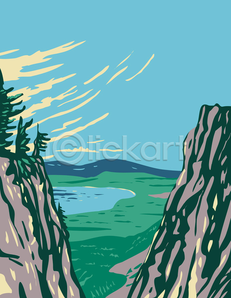 사람없음 JPG 포토 해외이미지 국립공원 그림 산맥 자연 절벽 카툰스타일 풍경(경치) 하늘 호수