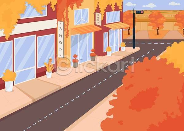 사람없음 EPS 일러스트 해외이미지 가을(계절) 거리 도시 도시풍경 도심 상점 심플 야외 주황색 타운 풍경(경치)