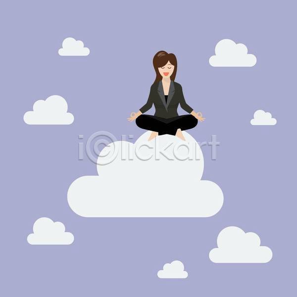 성인 성인여자한명만 여자 한명 EPS 일러스트 해외이미지 구름(자연) 명상 미소(표정) 비즈니스우먼 앉기 전신 정장