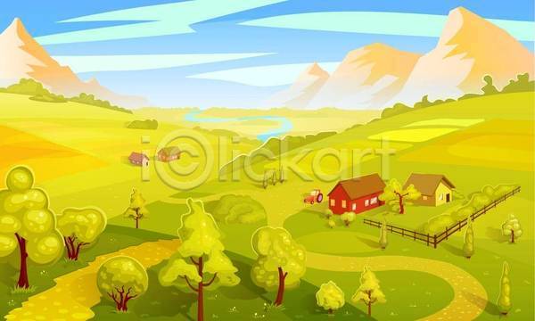 사람없음 EPS 일러스트 해외이미지 길 나무 농사 농장 밭 산 언덕 연두색 울타리 주택 트랙터
