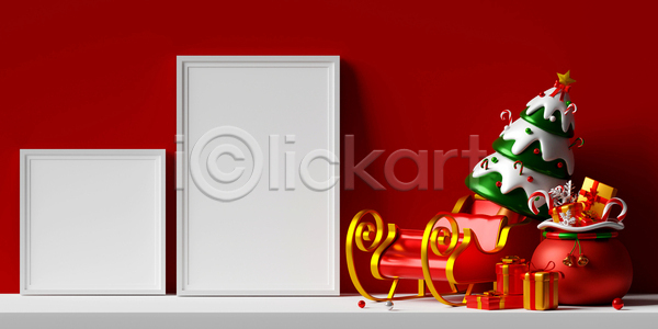 사람없음 3D JPG 디지털합성 포토 해외이미지 보따리 빨간색 사각프레임 선물상자 썰매 액자 액자틀 크리스마스 크리스마스선물 크리스마스트리