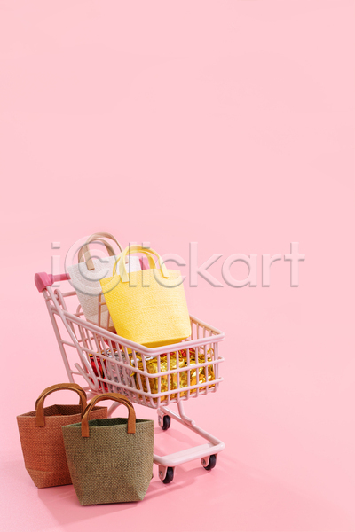 사람없음 JPG 포토 해외이미지 가방 미니어처 분홍색배경 쇼핑 쇼핑백 쇼핑카 실내 오브젝트