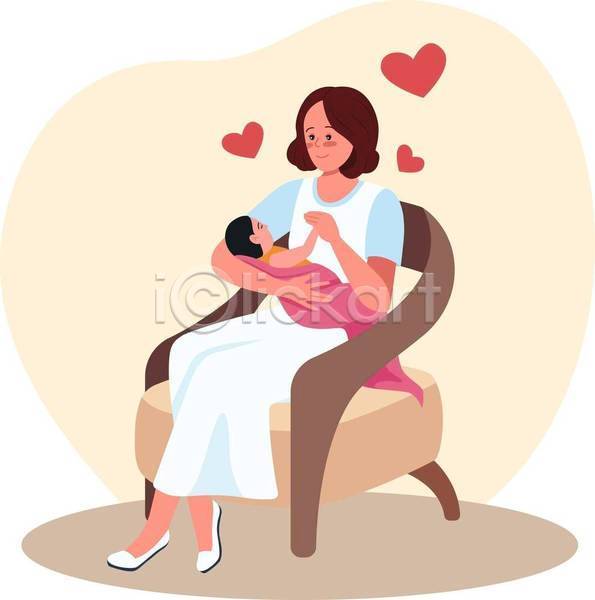 사랑 함께함 행복 두명 성인 아기 여자 EPS 일러스트 해외이미지 돌봄 라이프스타일 모성애 손잡기 안기 앉기 엄마 의자 자녀 전신 하트