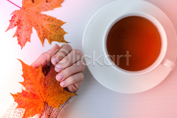 신체부위 JPG 포토 하이앵글 해외이미지 가을(계절) 낙엽 네일아트 단풍 손 오브젝트 찻잔 컵받침 홍차